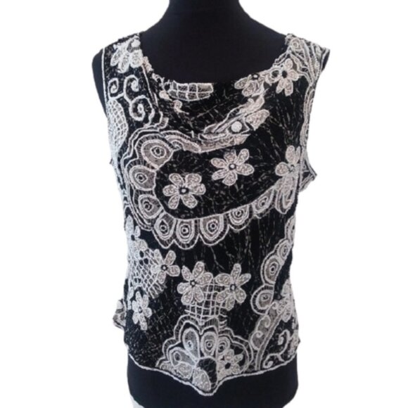 Paradise NY  Black/White  Beaded Silk Sleeveless Blouse Top, Size Large - Picture 1 of 5